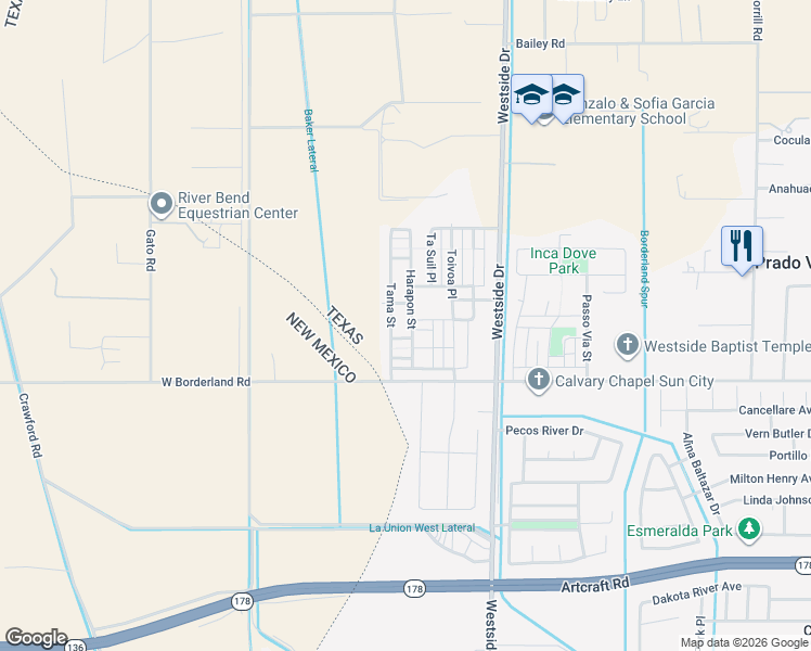 map of restaurants, bars, coffee shops, grocery stores, and more near 6457 Harapon Street in El Paso