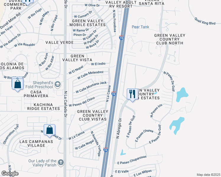 map of restaurants, bars, coffee shops, grocery stores, and more near 1222 North La Canoa in Green Valley