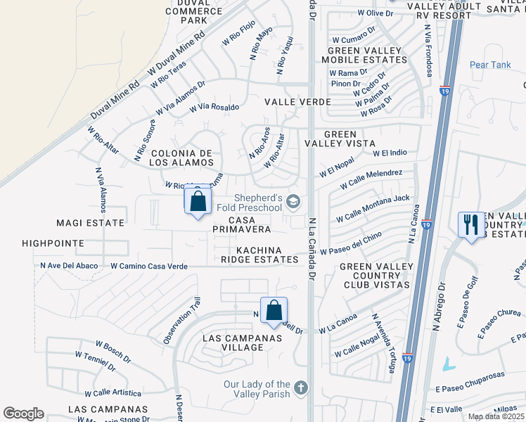 map of restaurants, bars, coffee shops, grocery stores, and more near 452 West Elkhorn Court in Green Valley