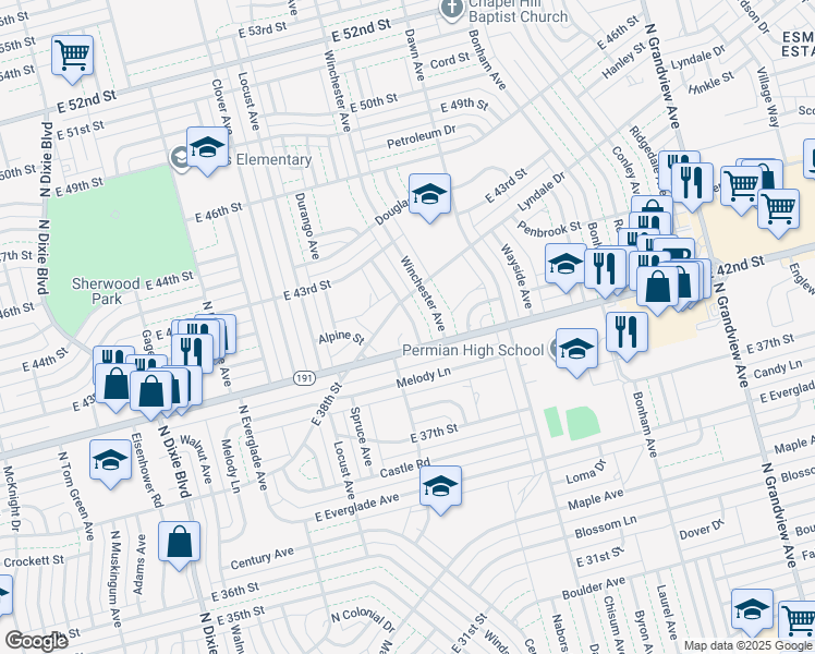 map of restaurants, bars, coffee shops, grocery stores, and more near 1517 Lyndale Drive in Odessa