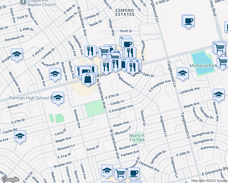 map of restaurants, bars, coffee shops, grocery stores, and more near 3866 Englewood Circle in Odessa