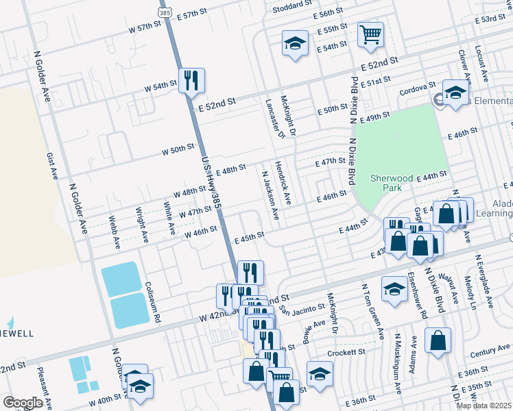 map of restaurants, bars, coffee shops, grocery stores, and more near 4613 North Jackson Avenue in Odessa