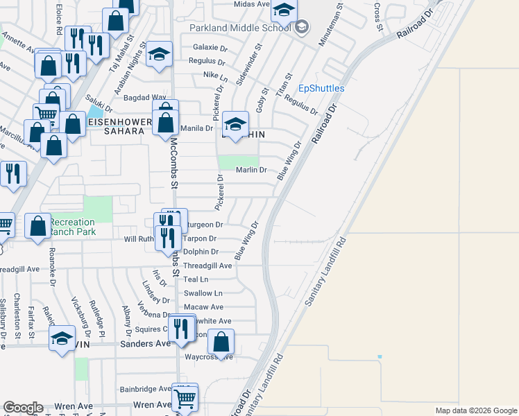 map of restaurants, bars, coffee shops, grocery stores, and more near 5933 Pompano Avenue in El Paso