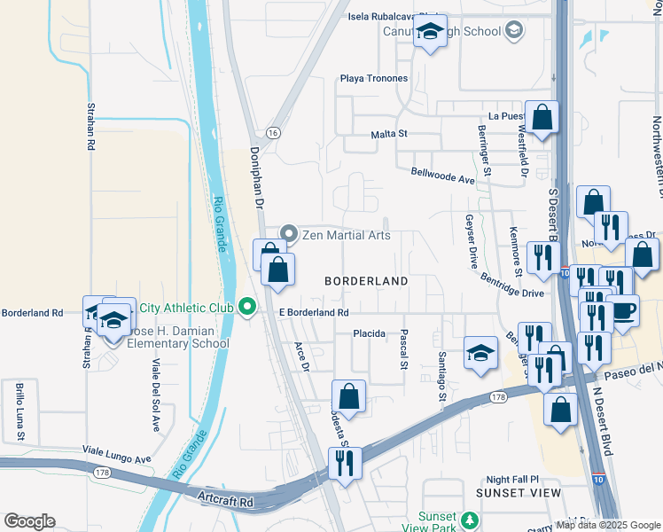 map of restaurants, bars, coffee shops, grocery stores, and more near 200 Easy Way in El Paso