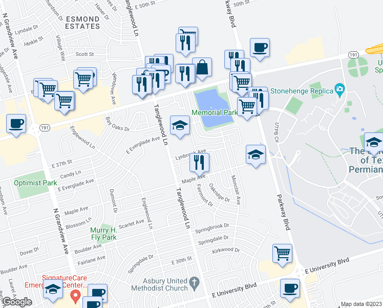 map of restaurants, bars, coffee shops, grocery stores, and more near 4138 Lynbrook Avenue in Odessa