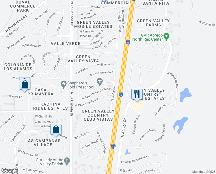 map of restaurants, bars, coffee shops, grocery stores, and more near 22 West Calle Canon De Faber in Green Valley