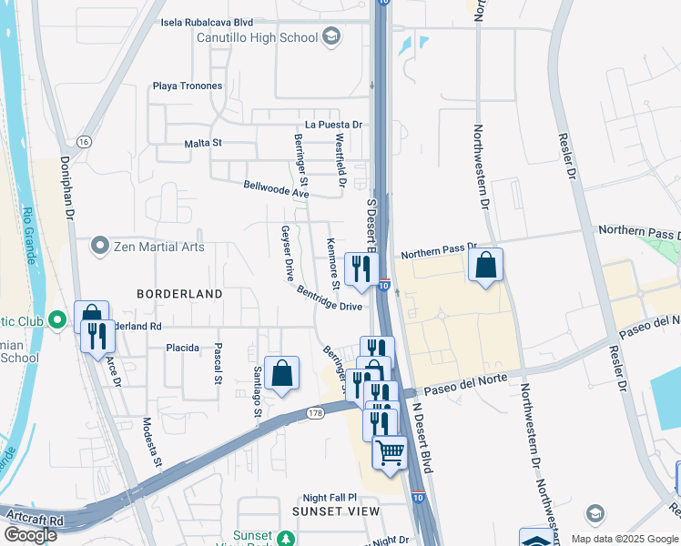 map of restaurants, bars, coffee shops, grocery stores, and more near 6432 Kenmore Street in El Paso