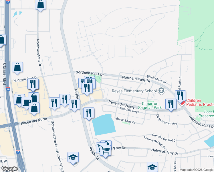 map of restaurants, bars, coffee shops, grocery stores, and more near 7428 Brays Landing Drive in El Paso