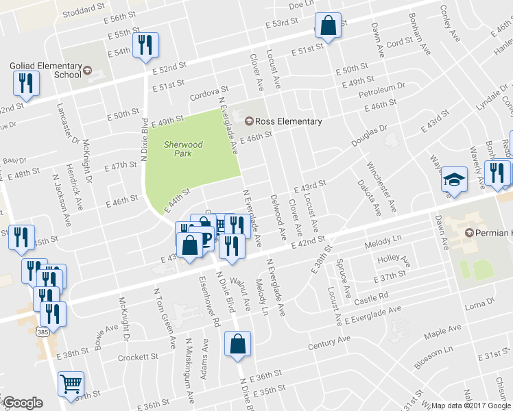 map of restaurants, bars, coffee shops, grocery stores, and more near 1302 East 43rd Street in Odessa