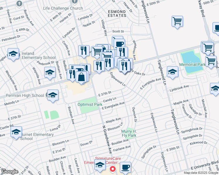 map of restaurants, bars, coffee shops, grocery stores, and more near 3866 Englewood Circle in Odessa