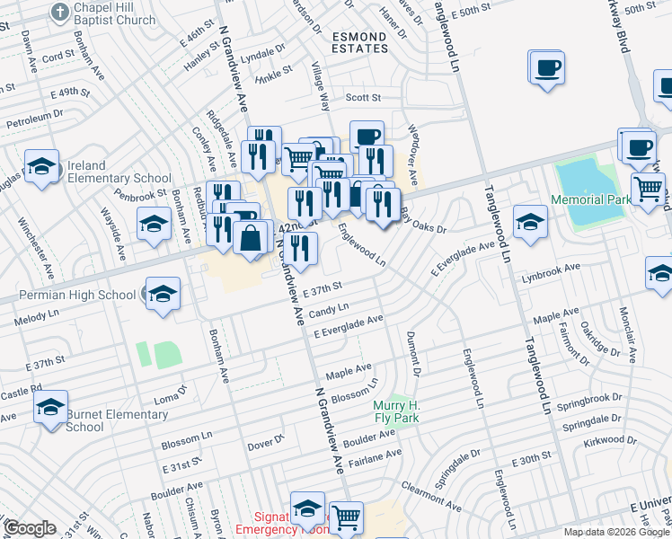 map of restaurants, bars, coffee shops, grocery stores, and more near 3866 Englewood Circle in Odessa