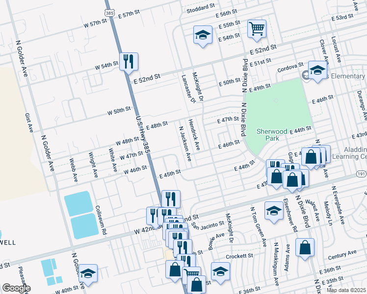 map of restaurants, bars, coffee shops, grocery stores, and more near 4613 North Jackson Avenue in Odessa