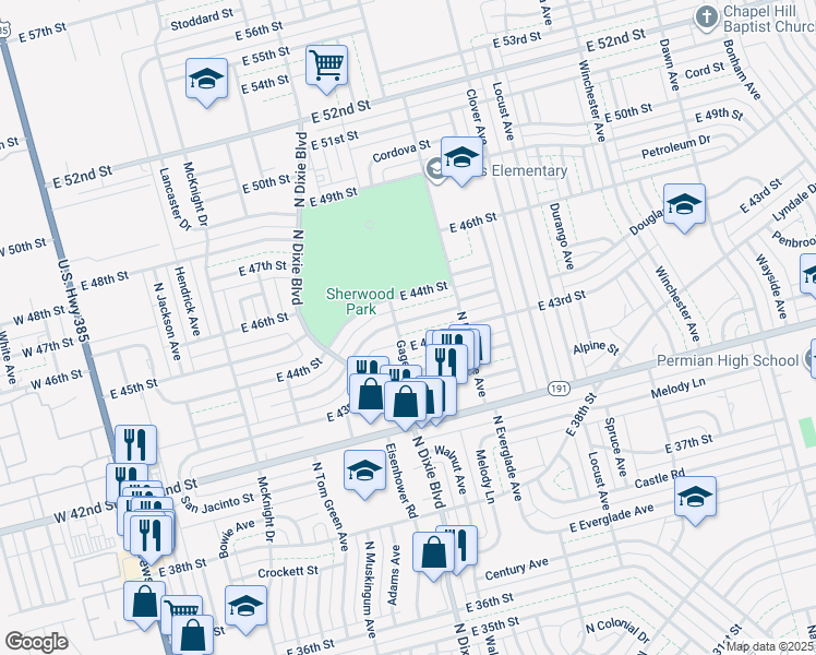map of restaurants, bars, coffee shops, grocery stores, and more near 1202 Douglas Drive in Odessa