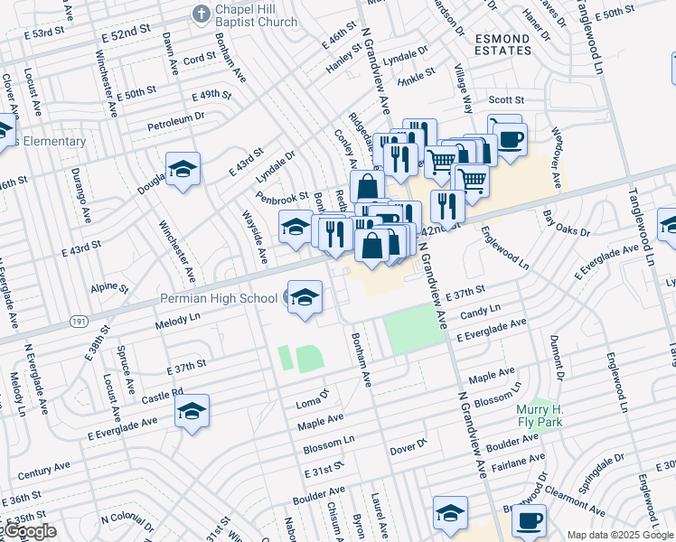 map of restaurants, bars, coffee shops, grocery stores, and more near 1920 East 42nd Street in Odessa