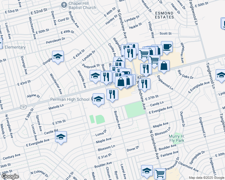 map of restaurants, bars, coffee shops, grocery stores, and more near 1920 East 42nd Street in Odessa