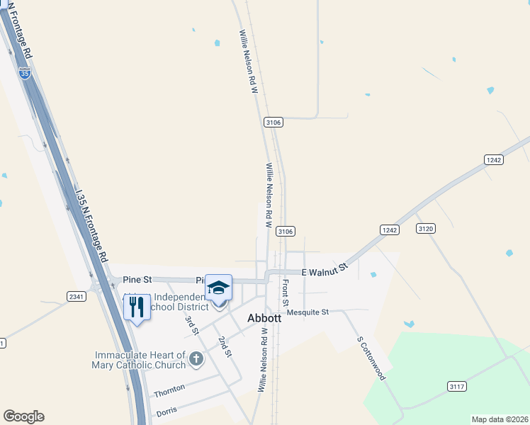 map of restaurants, bars, coffee shops, grocery stores, and more near 411 Willie Nelson Road in Abbott