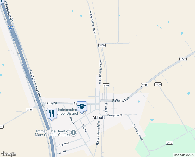 map of restaurants, bars, coffee shops, grocery stores, and more near 411 Willie Nelson Road West in Abbott