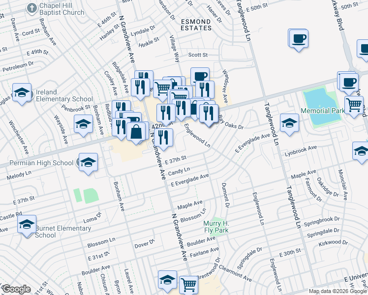 map of restaurants, bars, coffee shops, grocery stores, and more near 3866 Englewood Circle in Odessa