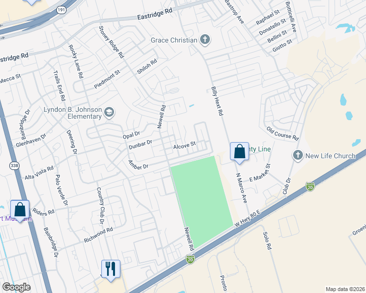 map of restaurants, bars, coffee shops, grocery stores, and more near Alcove Street in Odessa