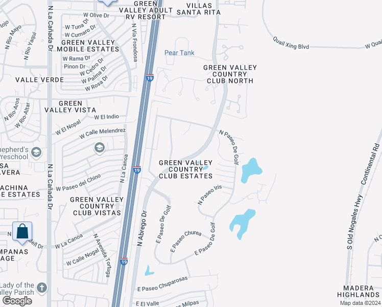 map of restaurants, bars, coffee shops, grocery stores, and more near 1225 North Abrego Drive in Green Valley