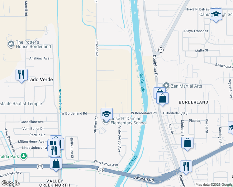 map of restaurants, bars, coffee shops, grocery stores, and more near 6450 Strahan Road in El Paso