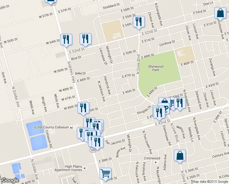 map of restaurants, bars, coffee shops, grocery stores, and more near 4603 McKnight Drive in Odessa