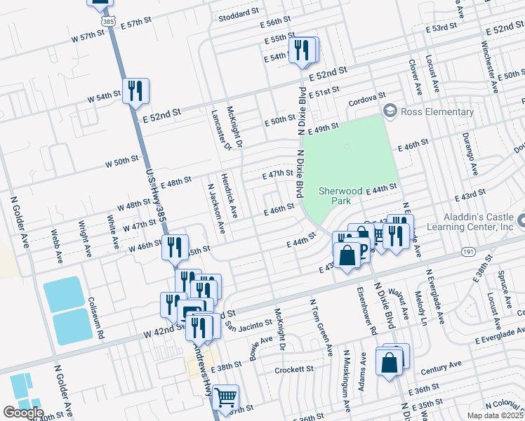 map of restaurants, bars, coffee shops, grocery stores, and more near 4604 McKnight Drive in Odessa