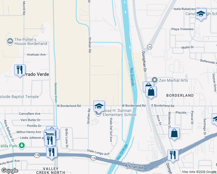 map of restaurants, bars, coffee shops, grocery stores, and more near 6450 Strahan Road in El Paso