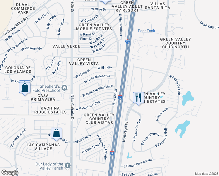 map of restaurants, bars, coffee shops, grocery stores, and more near 21 West Calle Montana Jack in Green Valley