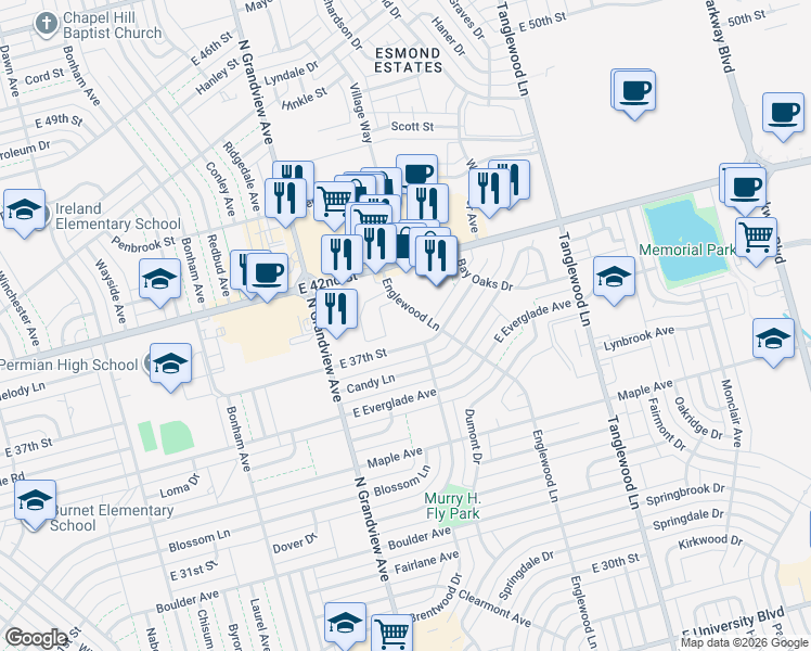 map of restaurants, bars, coffee shops, grocery stores, and more near 3839 East 37th Street in Odessa