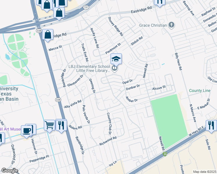 map of restaurants, bars, coffee shops, grocery stores, and more near 6329 Alta Vista Road in Odessa