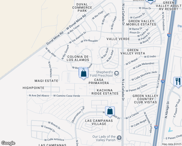 map of restaurants, bars, coffee shops, grocery stores, and more near 654 West Woodfield Court in Green Valley