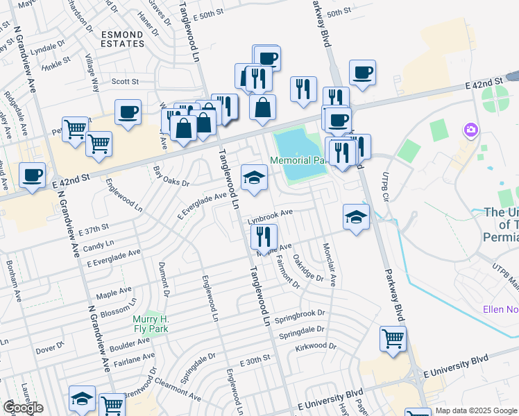 map of restaurants, bars, coffee shops, grocery stores, and more near 4101 Lynbrook Avenue in Odessa