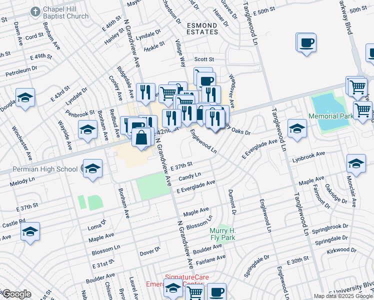 map of restaurants, bars, coffee shops, grocery stores, and more near 3866 Englewood Circle in Odessa