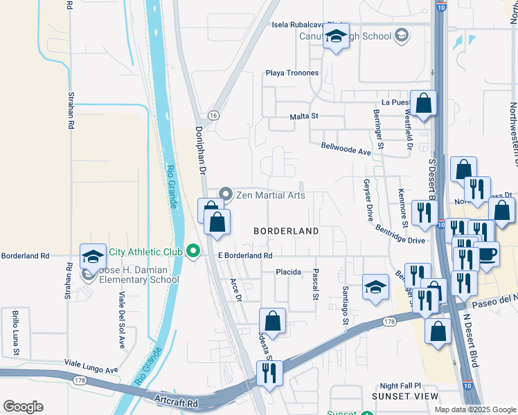 map of restaurants, bars, coffee shops, grocery stores, and more near 200 Easy Way in El Paso