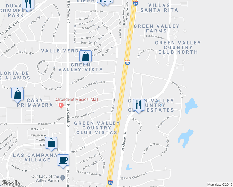 map of restaurants, bars, coffee shops, grocery stores, and more near 1222 North La Canoa in Green Valley