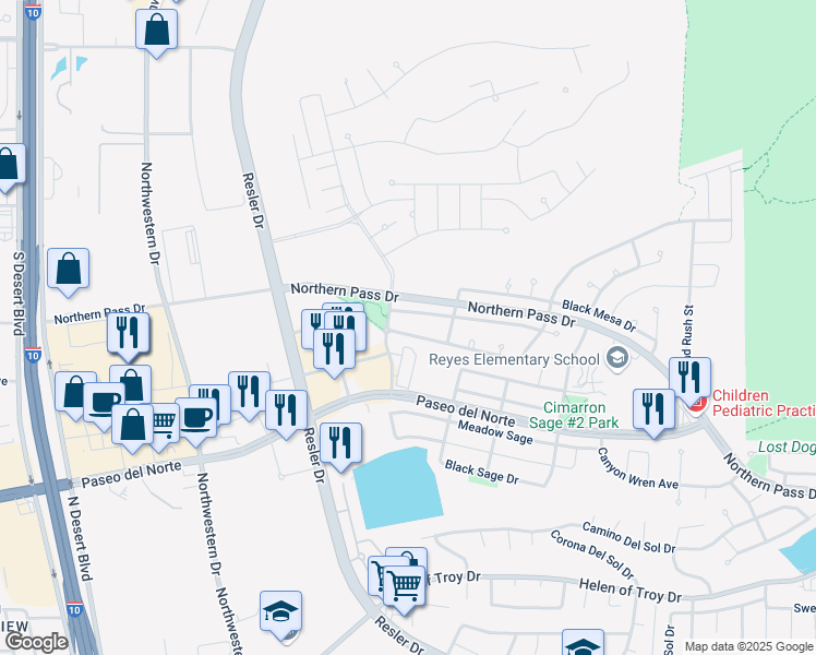 map of restaurants, bars, coffee shops, grocery stores, and more near 7433 Brays Landing Drive in El Paso