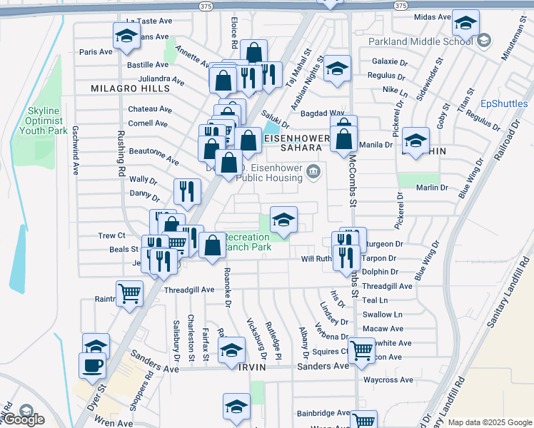 map of restaurants, bars, coffee shops, grocery stores, and more near 239 Golden Arrow Lane in El Paso