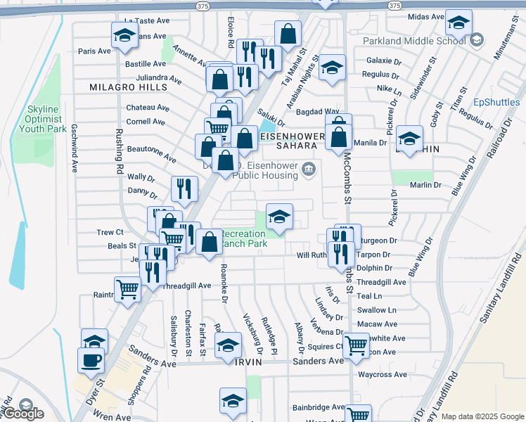 map of restaurants, bars, coffee shops, grocery stores, and more near 239 Golden Arrow Lane in El Paso