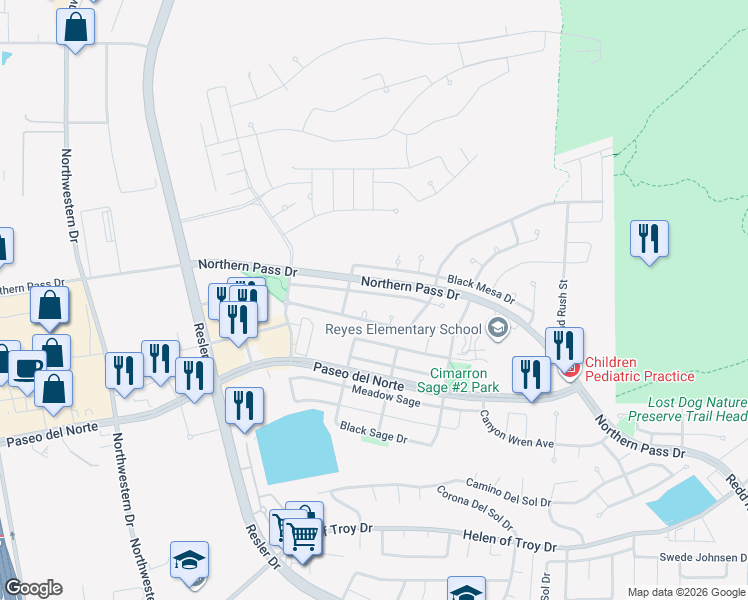map of restaurants, bars, coffee shops, grocery stores, and more near 7372 Gulf Creek Drive in El Paso