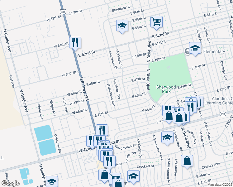map of restaurants, bars, coffee shops, grocery stores, and more near 4609 Hendrick Avenue in Odessa