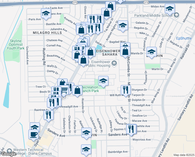 map of restaurants, bars, coffee shops, grocery stores, and more near 239 Golden Arrow Lane in El Paso