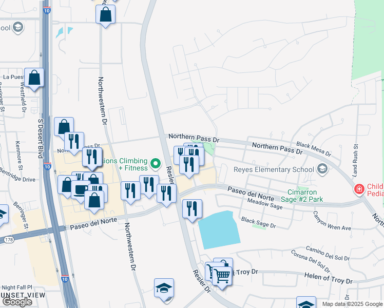 map of restaurants, bars, coffee shops, grocery stores, and more near 1776 Cimarron Square in El Paso