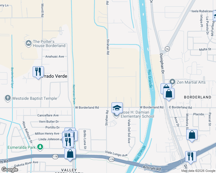 map of restaurants, bars, coffee shops, grocery stores, and more near 6450 Strahan Road in El Paso