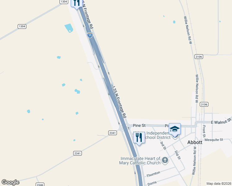 map of restaurants, bars, coffee shops, grocery stores, and more near 1006 Interstate 35 in Abbott