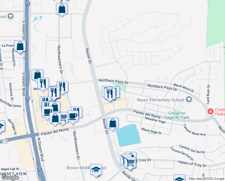 map of restaurants, bars, coffee shops, grocery stores, and more near 1776 Cimarron Square in El Paso