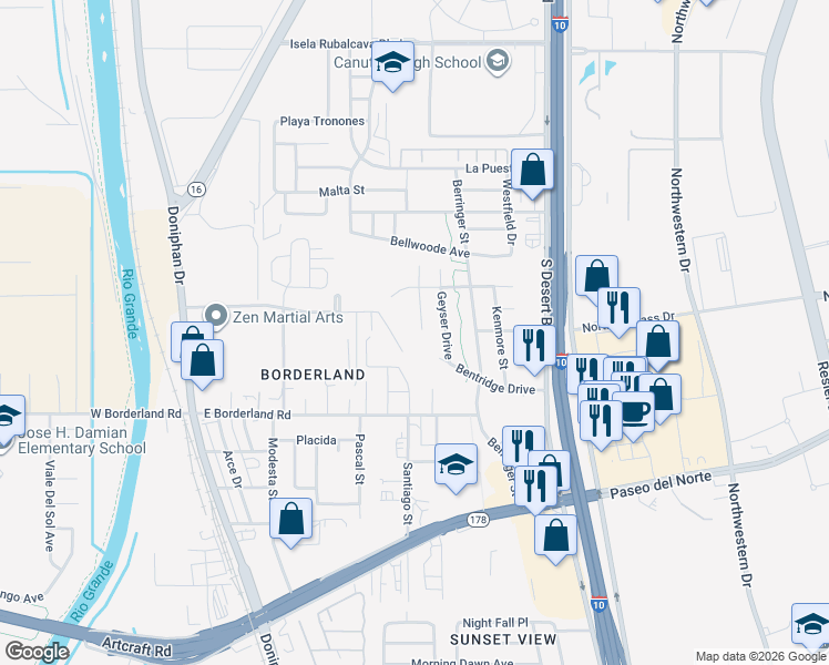 map of restaurants, bars, coffee shops, grocery stores, and more near 6509 Latimer Place in El Paso