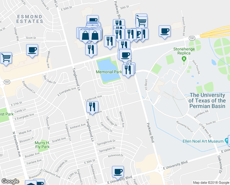 map of restaurants, bars, coffee shops, grocery stores, and more near 3957 Monclair Avenue in Odessa