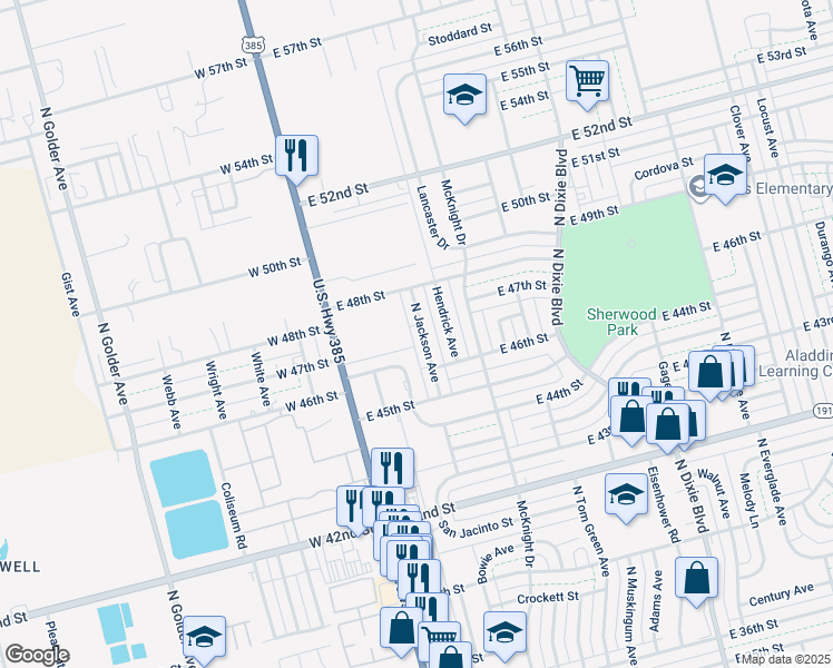 map of restaurants, bars, coffee shops, grocery stores, and more near 4613 North Jackson Avenue in Odessa