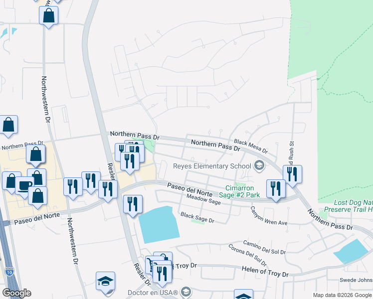 map of restaurants, bars, coffee shops, grocery stores, and more near 7382 Gulf Creek Drive in El Paso